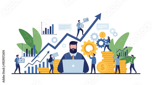 Productive business team working with gears, financial charts, and laptops to achieve corporate growth and success.