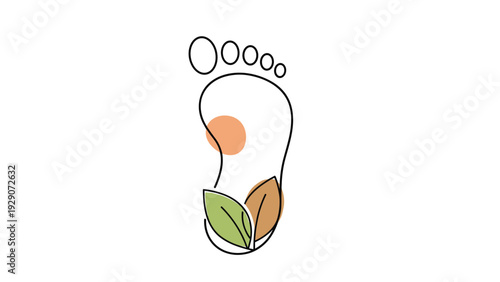 Simple minimalist outline of a human footprint with green leaf and orange circular elements for eco-friendly branding.
