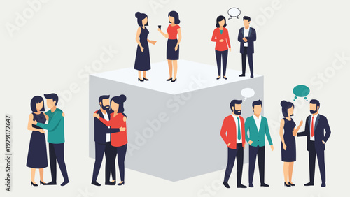 People socializing and engaging in conversations within small groups during a professional or social networking event.