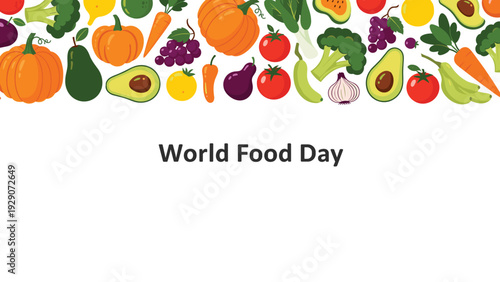 Colorful banner for World Food Day featuring a rich variety of fresh vegetables and fruits in the top border design.