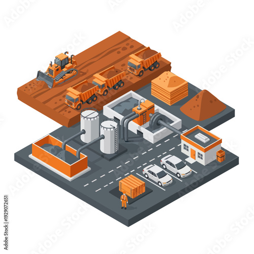 Isometric Factory Complex with Trucks and Buildings.