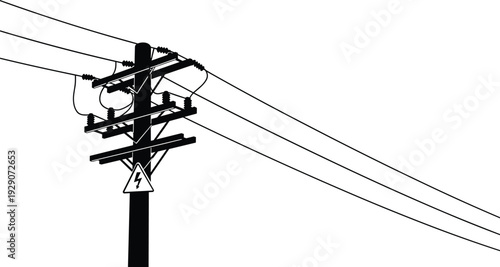 High voltage utility pole with power lines and electrical warning sign silhouette vector illustration isolated on white background