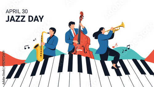 Musicians perform on a giant piano keyboard to celebrate International Jazz Day on April 30 in a colorful illustration.