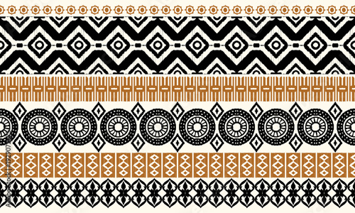 Boho Tribal Stripe Seamless Pattern in Black and Mustard. Ethnic Geometric Border Textile Design.Rustic Folk Art Horizontal Seamless Background.Vintage Tribal Band Pattern for Fabric and Wallpaper.