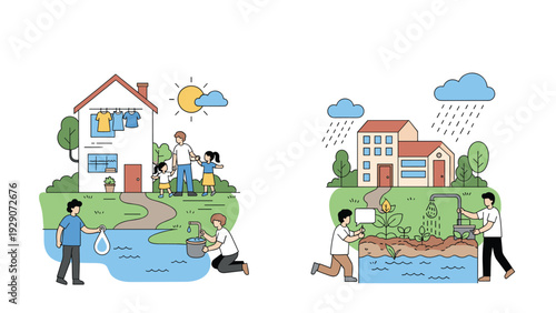 Families and individuals practicing water-saving techniques like collecting rainwater and efficient irrigation at home.