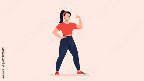 Strong young woman in fitness apparel shows off her bicep muscle in a confident pose against a light background.