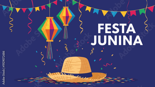 Festive Brazilian Festa Junina poster features a straw hat, colorful lanterns, and traditional decorations on a blue background.