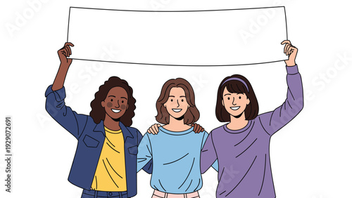 Three young women of different backgrounds hold up a large blank white banner together to express solidarity and unity.