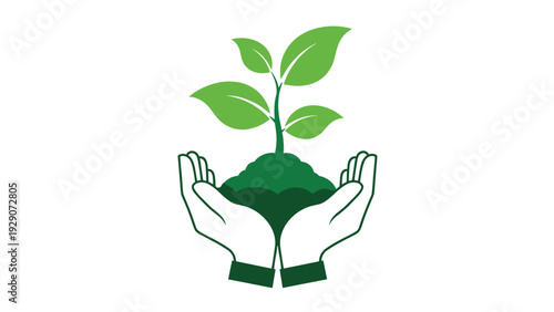 Environmental conservation icon shows a pair of hands carefully protecting a small green plant sprout growing in soil.