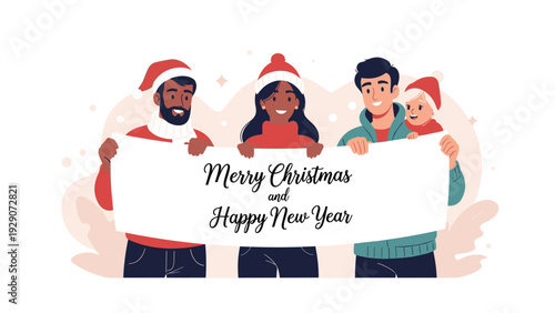 Happy diverse family group holding a long white banner with a Merry Christmas and Happy New Year greeting message.