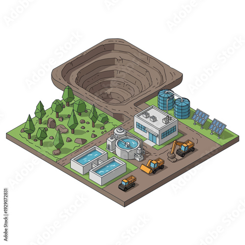 Isometric Illustration of Water Treatment Plant Facility.