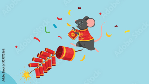 Cute gray mouse wearing a traditional red Chinese jacket jumps over a string of firecrackers during New Year celebrations.