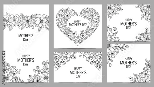Collection of five elegant Mother's Day cards features delicate hand-drawn floral arrangements and stylish typography.