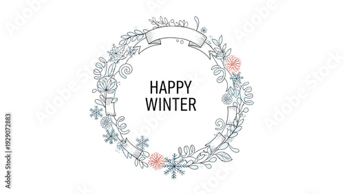 Beautiful winter wreath illustration with delicate snowflakes and seasonal foliage surrounds a central Happy Winter message.