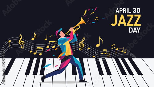 Energetic Jazz Day illustration features a musician playing the trumpet while walking across a large piano keyboard with notes.
