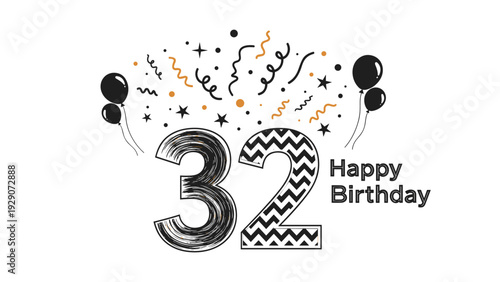 Elegant 32nd birthday celebration graphic features the number thirty-two with balloons, stars, and streamers in gold and black.