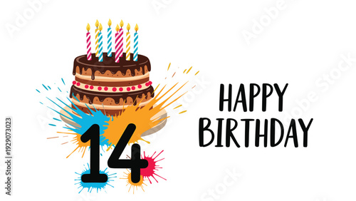Festive celebration for a fourteenth birthday features a large number fourteen with a delicious chocolate layer cake and bright paint splashes.