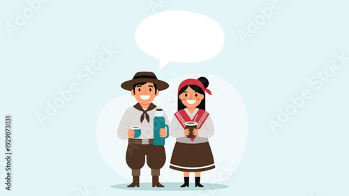 Two cartoon characters dressed in traditional Gaucho clothing hold mate gourds and stand together under a blank white speech bubble.