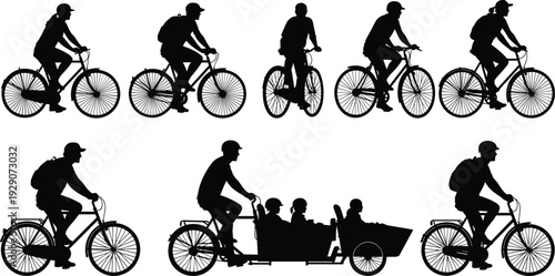 Silhouettes of people riding bicycles and cargo bike with children for urban transportation eco-friendly travel and active lifestyle outdoor isolated