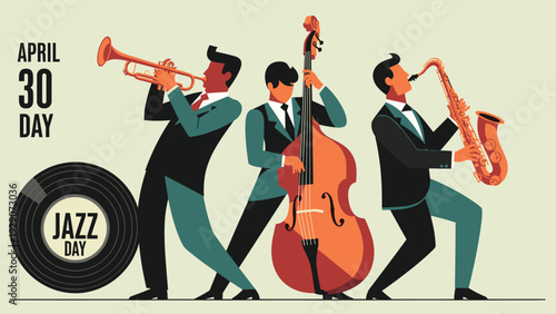 Jazz music band including a trumpet player, a double bass player, and a saxophonist perform together for International Jazz Day celebration.