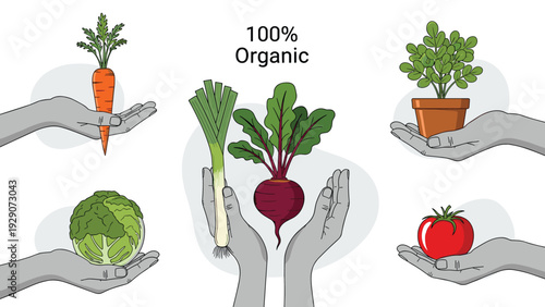 Six hands hold different organic farm fresh vegetables including carrot, leek, beet, cabbage, tomato, and a plant to promote healthy eating.
