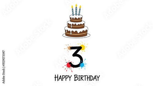 Joyful third birthday celebration is illustrated with a large number three, a three-tiered chocolate cake with candles, and paint splatters.