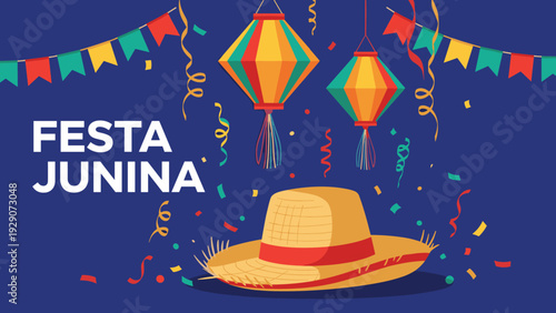 Traditional Festa Junina celebration features a straw hat, colorful flags, and lanterns against a dark blue background with festive confetti.