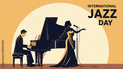 International Jazz Day poster features the silhouettes of a pianist and a female singer performing under a large glowing moon or spotlight.