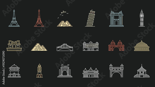 Collection of world famous landmarks including eiffel tower, pyramids, and big ben are presented in minimalist line icons on dark background.