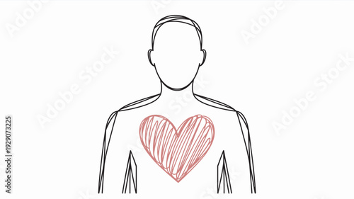 A simple line drawing of a person with a red heart on their chest