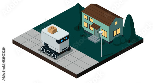 autonomous delivery robot with package near house in isometric style modern technology concept