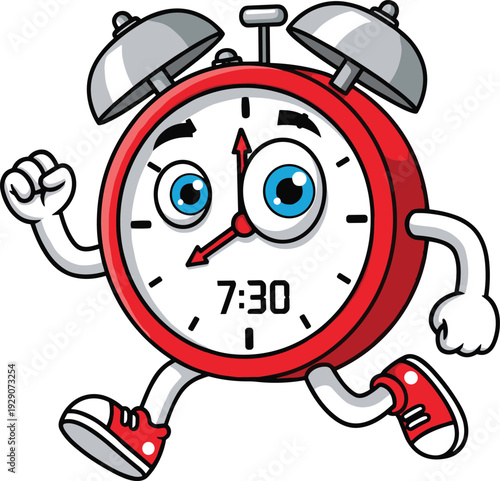 Cute red alarm clock cartoon character running and waking up for morning routine time management deadline and early bird schedule