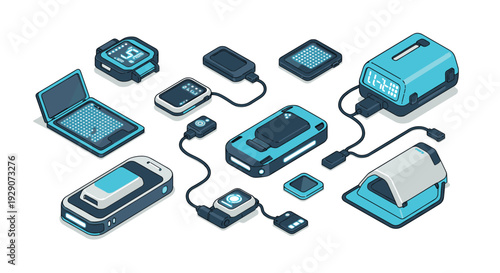collection of futuristic blue and black electronic devices with digital displays and connectors in isometric style