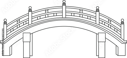 Arched bridge line art set for coloring book page with wooden bridge garden landscape architecture isolated on white background vector