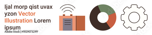 Analytics, communication, productivity, progress, data visualization, business tools. Abstract icons include a radio with signal, pie chart and gear. Analytics and communication