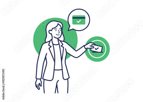 Woman shows digital payment card for contactless transaction with approved checkmark