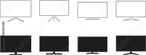 Modern Flat Screen Computer Monitor Set with Different Stands Isolated on White Background Minimal Outline and Solid Vector Collection
