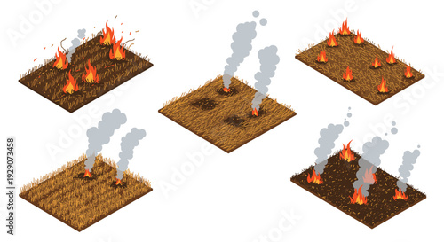 isometric burnt field plots set with smoke and flames hand drawn illustration
