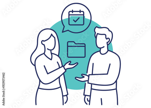 Couple discusses calendar and folder icons for planning and organization