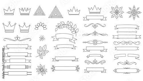 Extensive collection of hand drawn decorative elements includes ribbons, crowns, floral wreaths, and elegant dividers for designers.
