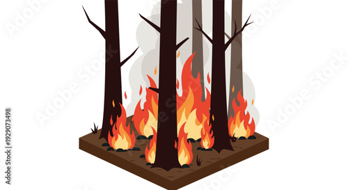 isometric forest fire burning trees with flames and smoke in flat design illustration