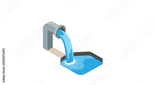 isometric water pipe pouring flowing water into basin illustration