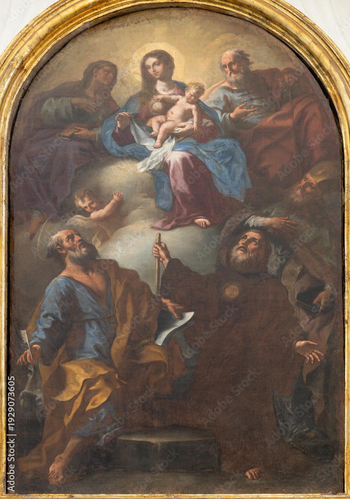 Naklejka premium PRAIANO, ITALY - OCTOBER 6, 2025: The painting of Madonna among the saints (Luke and St. Francis de Paul, Joachim, Ann) in the church Chiesa di san Luca by unknown artist.