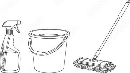 Cleaning supplies line art set with spray bottle bucket and floor mop for housekeeping service coloring book page isolated on white