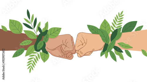 Environmental partnership concept showing two diverse hands fist bumping while wrapped in green leaves and vines.