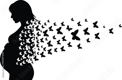 Pregnant woman silhouette with butterflies, maternity, motherhood and new life concept, artistic black isolated vector illustration design