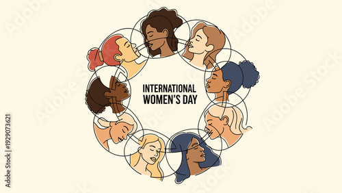 International women day celebration featuring a circular arrangement of diverse female profiles in a line art style.