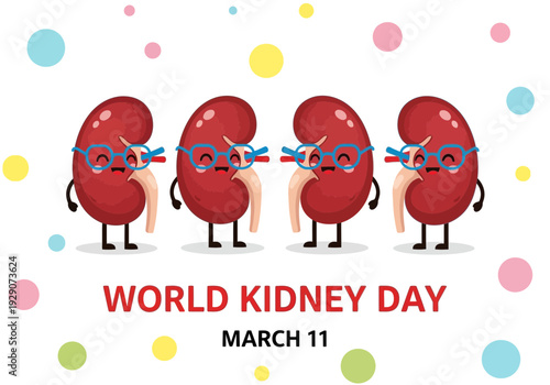Cartoon kidneys wearing glasses on world kidney day with colorful dots