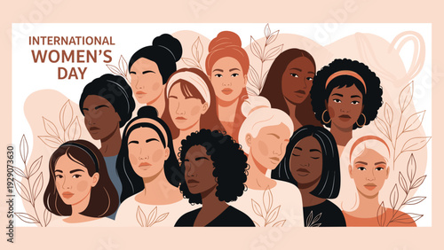 International women day poster featuring a large diverse group of women from various backgrounds and ethnicities.