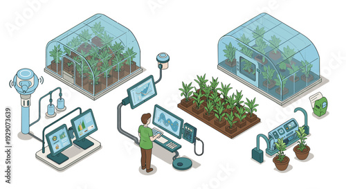 smart greenhouse farming technology with plant monitoring and automated irrigation hand drawn illustration